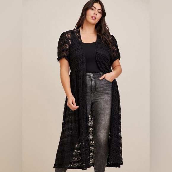 Torrid women black mesh ruffle sleeve maxi kimono short sleeve, swim cover Sz 00 - Picture 1 of 9